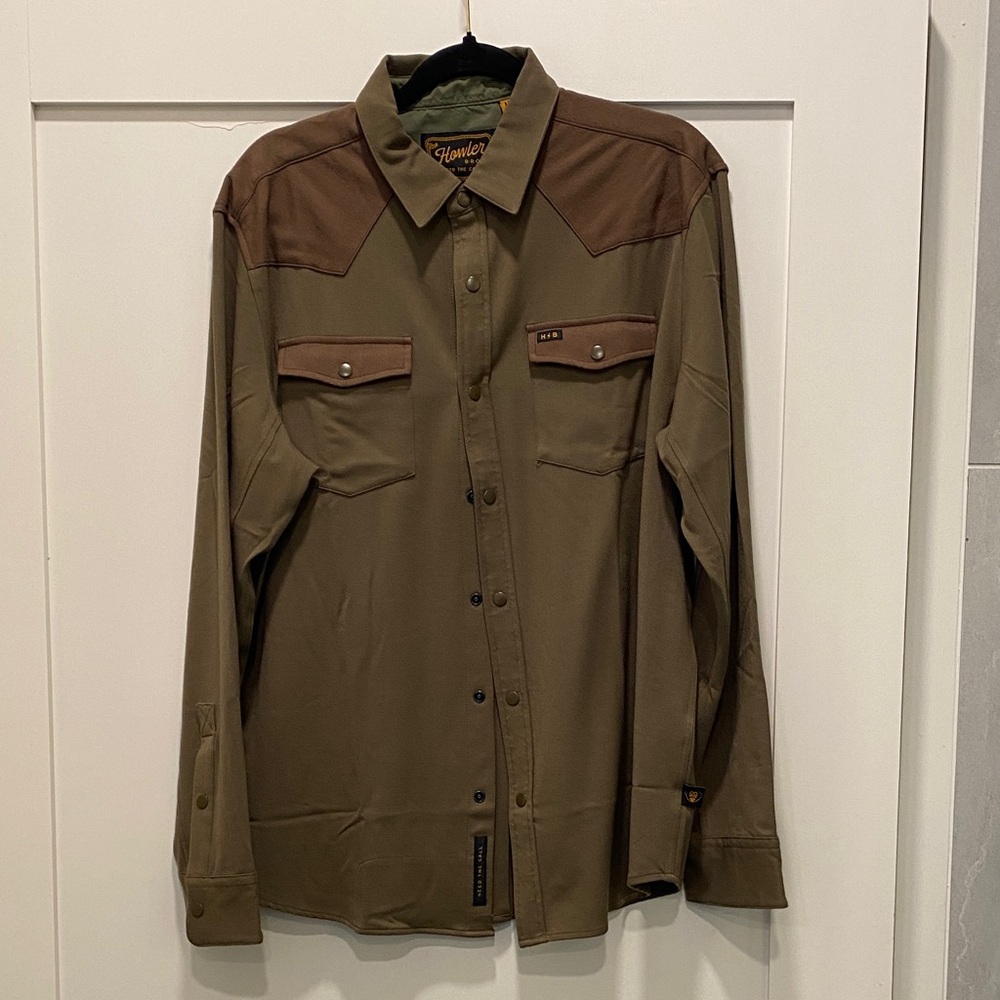Howler Brothers stockman stretch snap Men's green and Brown Shirt